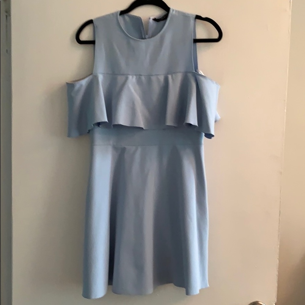 Zara blue cold shoulder ruffle mini dress, size L